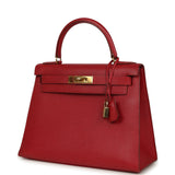 Vintage Hermes Kelly 28 Sellier Rouge Vif Courchevel Gold Hardware