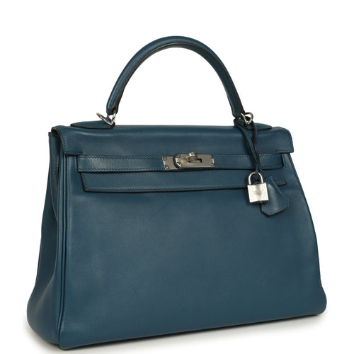 Pre-owned Hermes Kelly Retourne 32 Bleu De Malte Swift Palladium Hardware