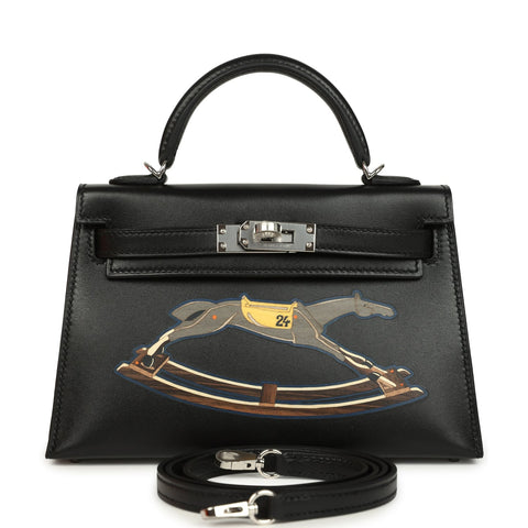 Hermes Kelly Sellier 20 "Cheval De Bois" Black and Multi Tadelakt Palladium Hardware