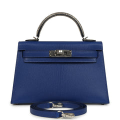 Hermes Kelly Sellier 20 Bleu Royal Chevre Chamkila and Ombre Varanus Salvator Lizard Touch Palladium Hardware