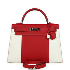 Pre-owned Hermes Flag Kelly Sellier 32 Rouge Casaque and White Epsom Palladium Hardware