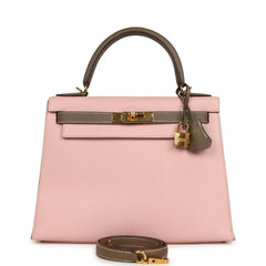 Pre-owned Hermes Special Order (HSS) Kelly Sellier 28 Rose Sakura and Etoupe Chevre Gold Hardware