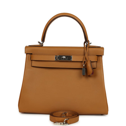 Pre-owned Hermes Kelly Retourne 28 Caramel Verso Evercolor Palladium Hardware