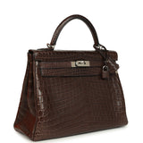 Vintage Hermes Kelly Retourne 32 Marron Fonce Matte Niloticus Crocodile Palladium Hardware - Thumbnail View 2