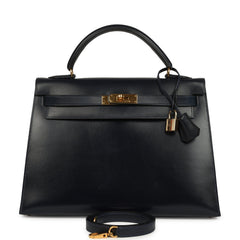 Vintage Hermes Kelly Sellier 32 Bleu Marine Box Gold Hardware