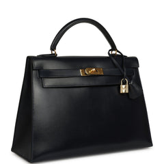 Vintage Hermes Kelly Sellier 32 Bleu Marine Box Gold Hardware
