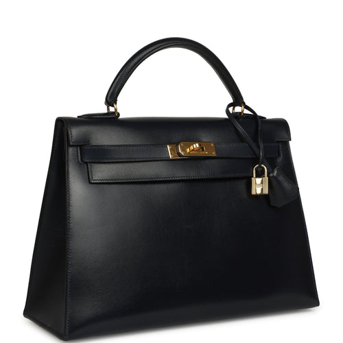 Vintage Hermes Kelly Sellier 32 Bleu Marine Box Gold Hardware