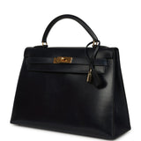 Vintage Hermes Kelly Sellier 32 Bleu Marine Box Gold Hardware