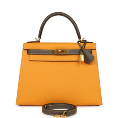 Pre-owned Hermes Special Order (HSS) Kelly Sellier 28 Jaune Ambre and Etoupe Epsom Brushed Gold Hardware