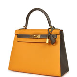 Pre-owned Hermes Special Order (HSS) Kelly Sellier 28 Jaune Ambre and Etoupe Epsom Brushed Gold Hardware