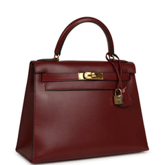 Vintage Hermes Kelly Sellier 28 Rouge H Box Gold Hardware