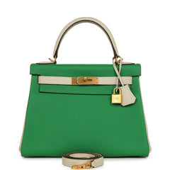 Pre-owned Hermes Special Order (HSS) Kelly Retourne 28 Bambou and Craie Togo Brushed Gold Hardware