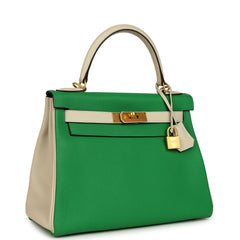 Pre-owned Hermes Special Order (HSS) Kelly Retourne 28 Bambou and Craie Togo Brushed Gold Hardware