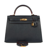 Pre-owned Hermes Kelly Sellier 32 Bleu Indigo and Rouge H Contour Epsom Gold Hardware - Thumbnail View 1