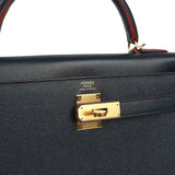Pre-owned Hermes Kelly Sellier 32 Bleu Indigo and Rouge H Contour Epsom Gold Hardware - Thumbnail View 7