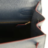 Pre-owned Hermes Kelly Sellier 32 Bleu Indigo and Rouge H Contour Epsom Gold Hardware - Thumbnail View 8