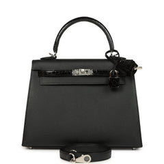 Hermes Kelly Sellier 25 Black Madame and Shiny Niloticus Crocodile Touch Palladium Hardware