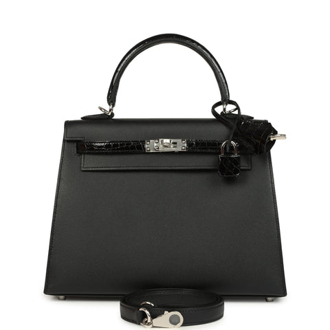 Hermes  Sellier Kelly 25 Black Madame and Shiny Niloticus Crocodile Touch Palladium Hardware