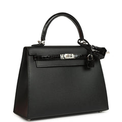Hermes Kelly Sellier 25 Black Madame and Shiny Niloticus Crocodile Touch Palladium Hardware