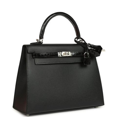 Hermes  Sellier Kelly 25 Black Madame and Shiny Niloticus Crocodile Touch Palladium Hardware