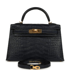 Hermes Kelly Sellier 20 Bleu Nuit Matte Alligator Gold Hardware