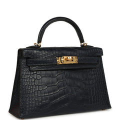 Hermes Kelly Sellier 20 Bleu Nuit Matte Alligator Gold Hardware