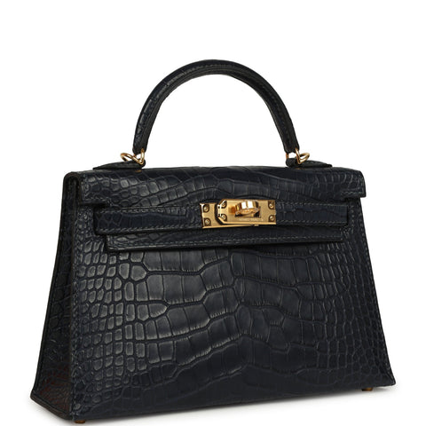 Hermes Kelly Sellier 20 Bleu Nuit Matte Alligator Gold Hardware