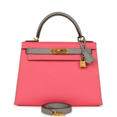 Hermes Special Order (HSS) Kelly Sellier 28 Rose Azalee and Gris Mouette Epsom Brushed Gold Hardware