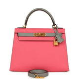 Hermes Special Order (HSS) Kelly Sellier 28 Rose Azalee and Gris Mouette Epsom Brushed Gold Hardware