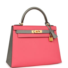 Hermes Special Order (HSS) Kelly Sellier 28 Rose Azalee and Gris Mouette Epsom Brushed Gold Hardware