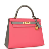 Hermes Special Order (HSS) Kelly Sellier 28 Rose Azalee and Gris Mouette Epsom Brushed Gold Hardware