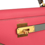 Hermes Special Order (HSS) Kelly Sellier 28 Rose Azalee and Gris Mouette Epsom Brushed Gold Hardware