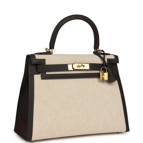 Hermes Kelly Sellier 28 Bai Brun Swift and Ecru-Beige Toile H Canvas Gold Hardware