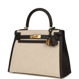 Hermes Kelly Sellier 28 Bai Brun Swift and Ecru-Beige Toile H Canvas Gold Hardware