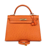 Vintage Hermes Kelly Sellier 32 Orange Ostrich Gold Hardware