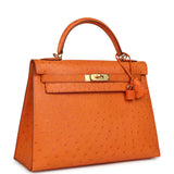 Vintage Hermes Kelly Sellier 32 Orange Ostrich Gold Hardware