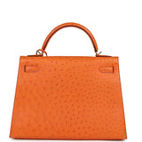 Vintage Hermes Kelly Sellier 32 Orange Ostrich Gold Hardware