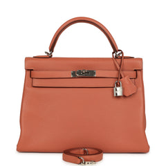 Pre-owned Hermes Kelly Retourne 32 Rose Tea Clemence Palladium Hardware