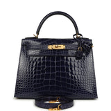 Pre-owned Hermes Kelly Sellier 28 Bleu Encre Shiny Alligator Gold Hardware