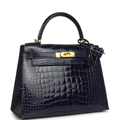 Pre-owned Hermes Kelly Sellier 28 Bleu Encre Shiny Alligator Gold Hardware
