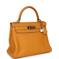 Pre-owned Hermes Kelly Retourne 28 Moutarde Clemence Palladium Hardware