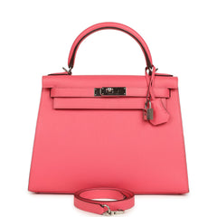 Pre-owned Hermes Kelly Sellier 28 Rose Azalee Epsom Palladium Hardware