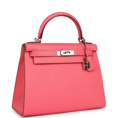 Pre-owned Hermes Kelly Sellier 28 Rose Azalee Epsom Palladium Hardware