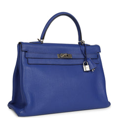 Pre-owned Hermes Kelly Retourne 35 Bleu Electric Togo Palladium Hardware