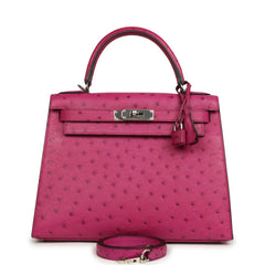 Pre-owned Hermes Kelly Sellier 28 Rose Poupre Ostrich Palladium Hardware