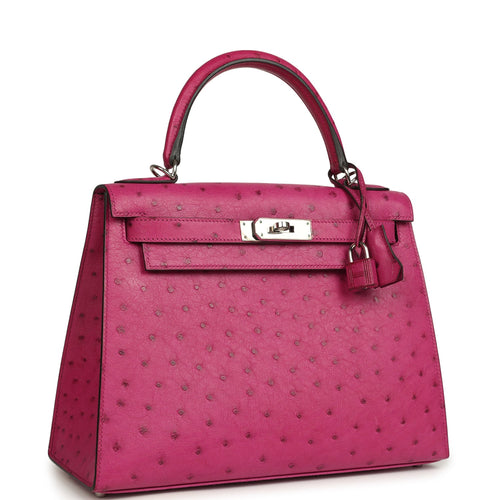 Pre-owned Hermes Kelly Sellier 28 Rose Poupre Ostrich Palladium Hardware