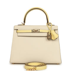 Hermes Special Order (HSS) Kelly Sellier 25 Craie and Jaune Poussin Epsom Gold Hardware