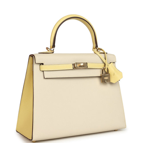Hermes Special Order (HSS) Kelly Sellier 25 Craie and Jaune Poussin Epsom Gold Hardware