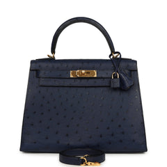Pre-owned Hermes Kelly Sellier 28 Bleu Iris Ostrich Gold Hardware