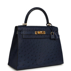 Pre-owned Hermes Kelly Sellier 28 Bleu Iris Ostrich Gold Hardware